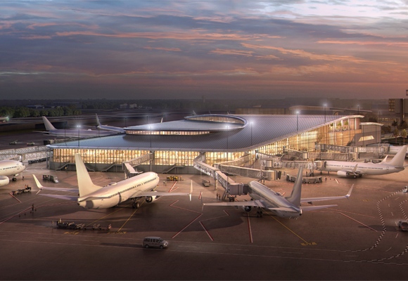 Airside D Rendering of Exterior view from the southwest at twilight